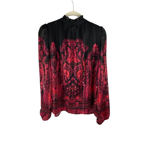 Maison d' Amelie Red & Black Long Sleeve Paisley Blouse Size M Feminine Evening - Picture 7 of 8